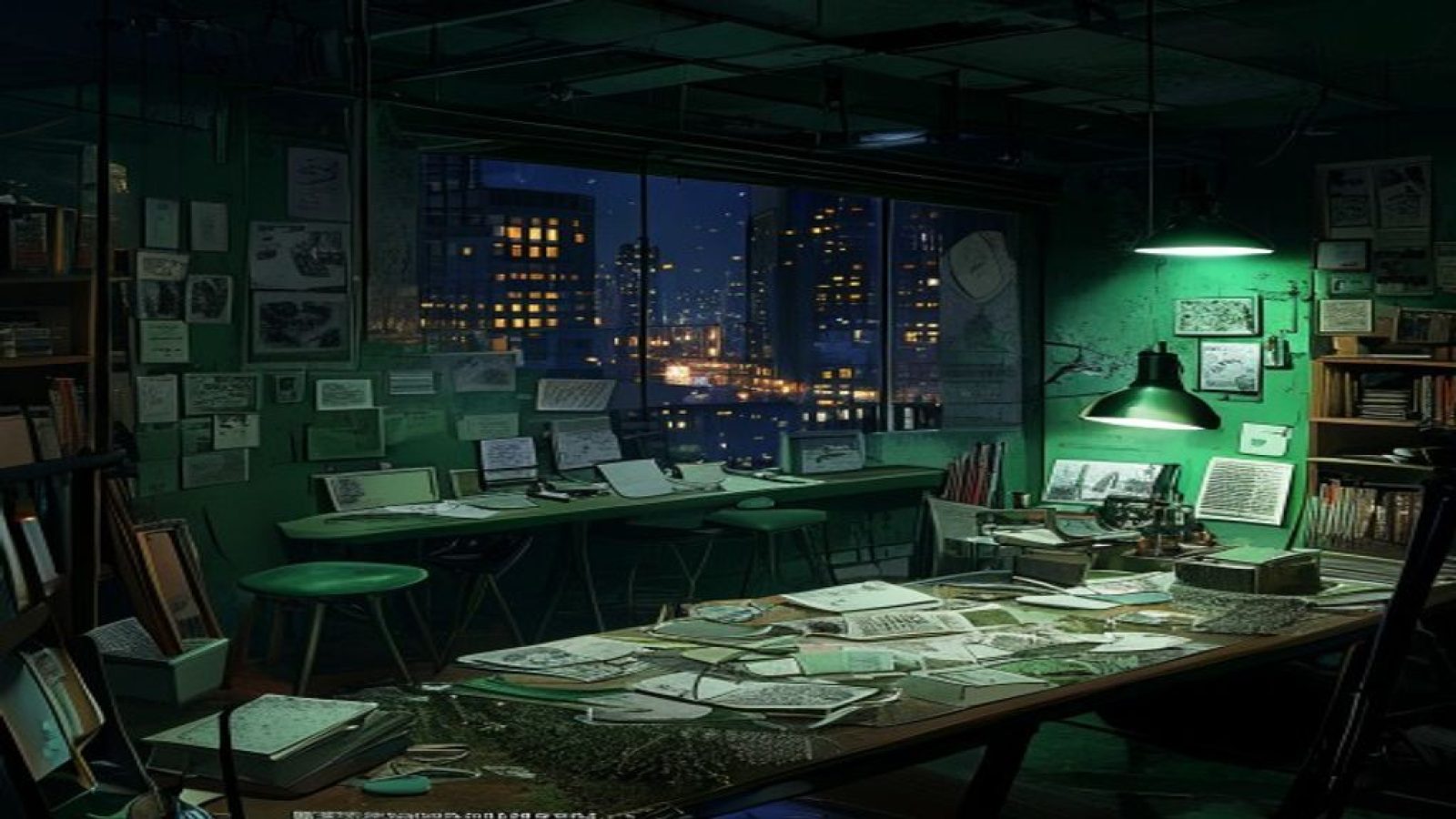 深邃青绿色调的创作工作室场景，书桌上散落着手稿与笔记，背景是夜晚城市灯光，营造出NTR题材深度创作的沉浸氛围
